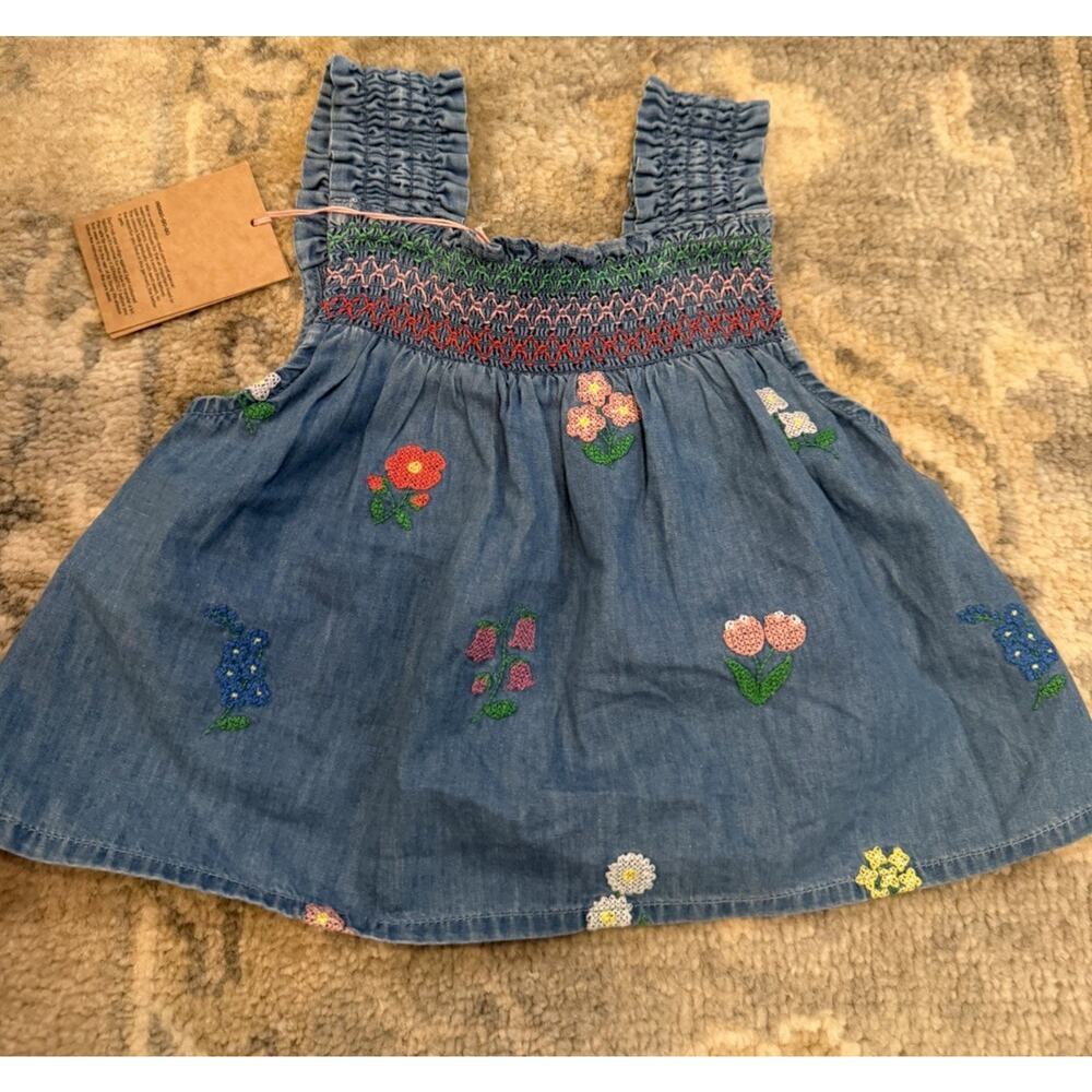 Mini Boden Denim Smocked Embroidered Floral Sleeveless Top Sz 4-5 NWT